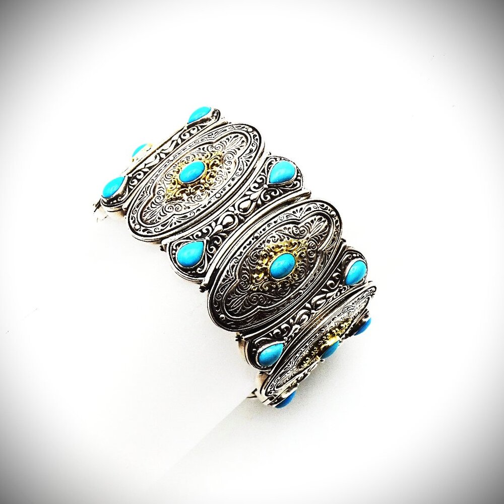 KONSTANTINO Sterling Silver 18K Gold Turquoise Wide Bangle Bracelet 149 Grams - Picture 3 of 15